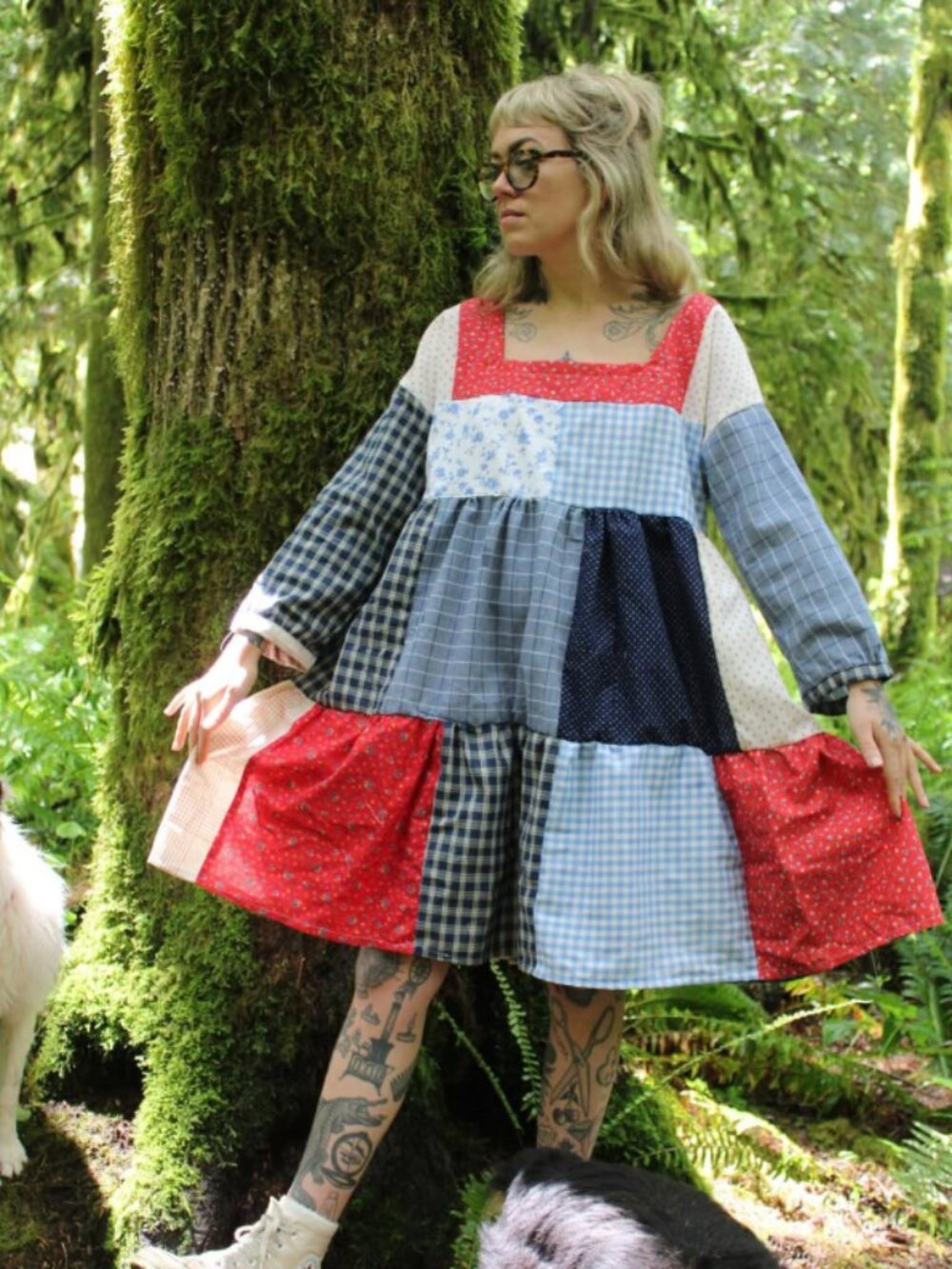 Patchwork Babydoll Dress in Red, Blue, and White